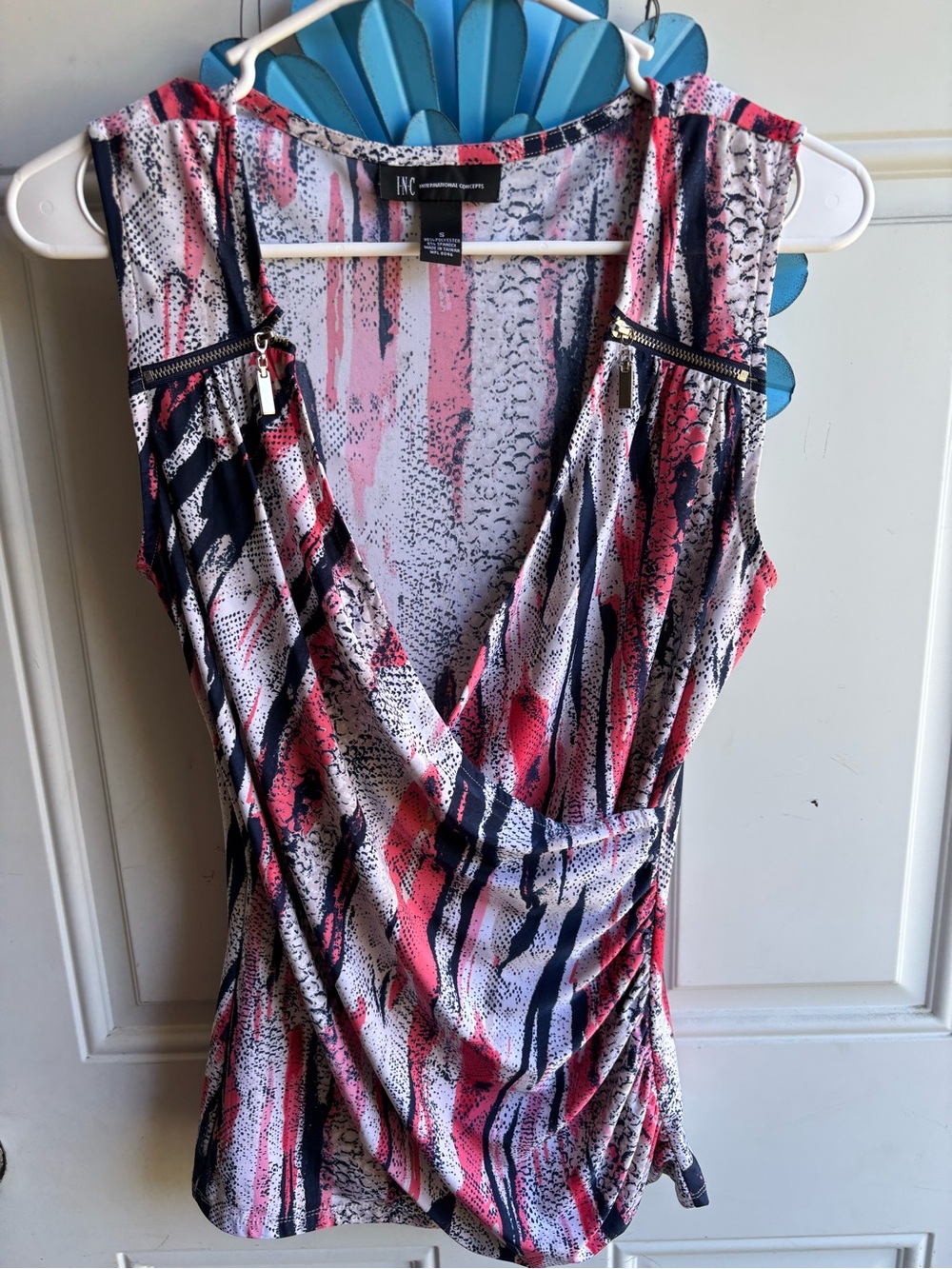 INC International Concepts Pink Navy White Printed Surplice Tank Top
